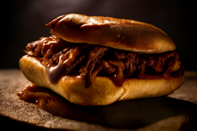 Oven-Roasted Pulled Pork with Tangy Barbecue Sauce, bright clear studio lighting from the left, zooming in close on the pulled pork filling most of the frame, focused manually for perfect sharpness with no blurry areas