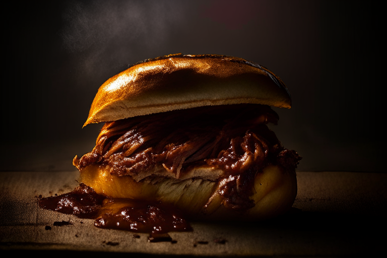 Oven-Roasted Pulled Pork with Tangy Barbecue Sauce, bright clear studio lighting from the right, filling the frame with the pulled pork and sauce, focused on the meat with a narrow aperture for crisp sharpness from edge to edge