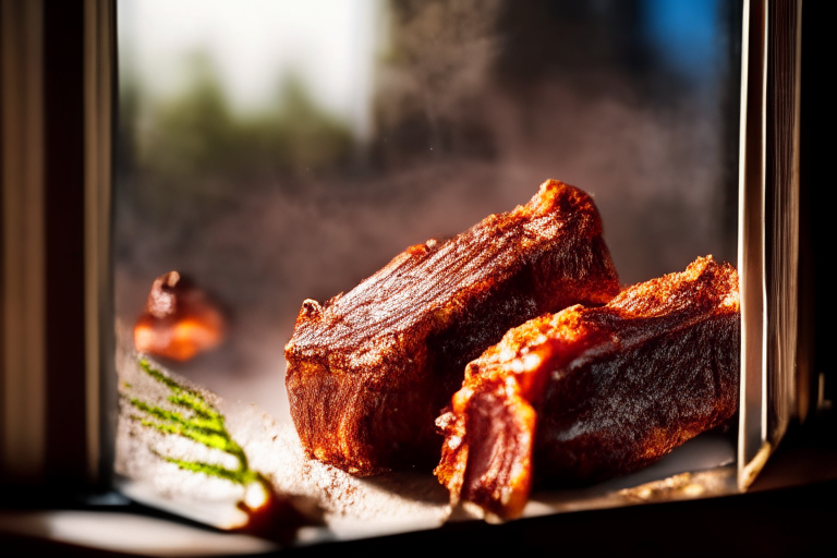 Oven-Baked Pork Ribs with Sweet and Spicy Rub, natural light from an open window fills the frame, every part of the ribs and rub in razor-sharp focus