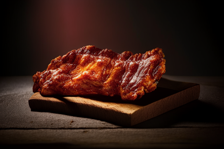 Oven-Baked Pork Ribs with Sweet and Spicy Rub, bright clear studio lighting from the right, filling the frame with the ribs and rub, focused on the meat with a narrow aperture for crisp sharpness from edge to edge