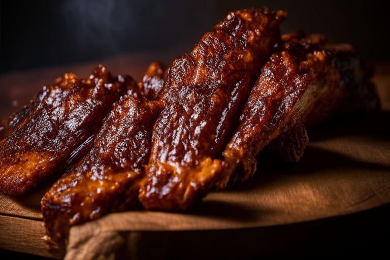 Oven-Baked Pork Ribs with Sweet and Spicy Rub, bright clear studio lighting from the left, zooming in close on the ribs filling most of the frame, focused manually for perfect sharpness with no blurry areas