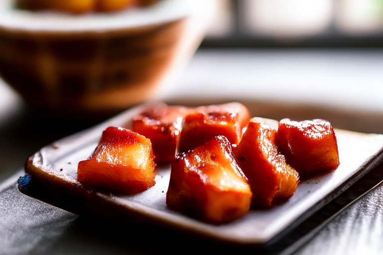 Air Fryer and Oven-Roasted Pork Belly Bites with Maple Glaze, natural light from an open window fills the frame, every part of the pork belly bites and maple glaze in razor-sharp focus