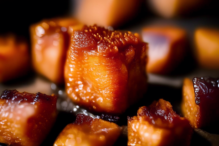 Air Fryer and Oven-Roasted Pork Belly Bites with Maple Glaze, bright clear studio lighting from the left, zooming in close on the pork belly bites filling most of the frame, focused manually for perfect sharpness with no blurry areas