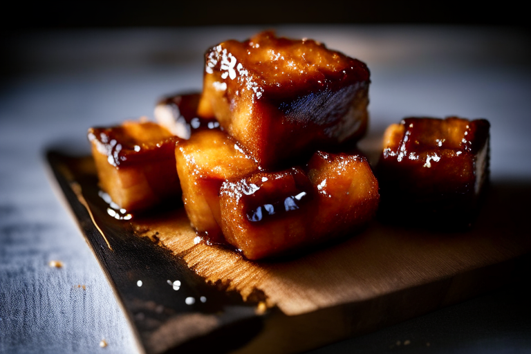 Air Fryer and Oven-Roasted Pork Belly Bites with Maple Glaze, bright clear studio lighting from the right, filling the frame with the pork belly bites and maple glaze, focused on the meat with a narrow aperture for crisp sharpness from edge to edge