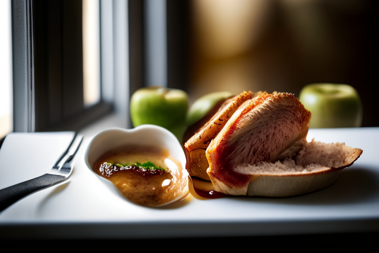 Air Fryer and Oven-Roasted Pork Loin with Apple Chutney, natural light from an open window fills the frame, every part of the pork loin and apple chutney in razor-sharp focus