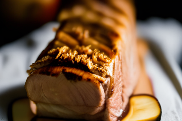 Air Fryer and Oven-Roasted Pork Loin with Apple Chutney, bright clear studio lighting from the left, zooming in close on the pork loin filling most of the frame, focused manually for perfect sharpness with no blurry areas