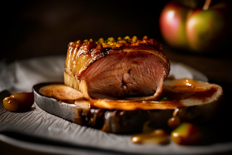 Air Fryer and Oven-Roasted Pork Loin with Apple Chutney, bright clear studio lighting from the right, filling the frame with the pork loin and apple chutney, focused on the meat with a narrow aperture for razor-sharp focus from edge to edge