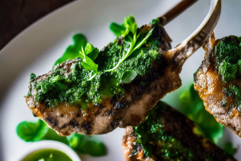 Air Fryer Lamb Chops with Mint Chimichurri, zoomed in close to fill the frame with the lamb chops and chimichurri sauce, natural light from an open window, every part of the dish in razor-sharp focus from front to back