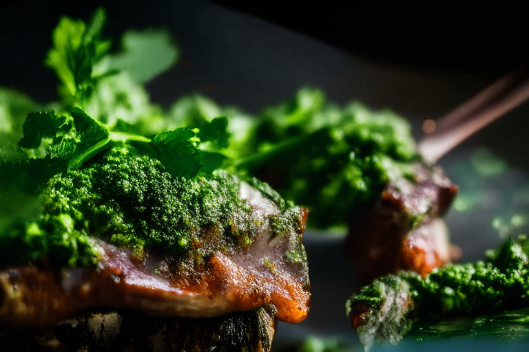 Air Fryer Lamb Chops with Mint Chimichurri, zoomed in close to fill the frame, focused on the mint leaves in the chimichurri with a narrow aperture for razor-sharp focus from edge to edge, lit by softbox lights from the right