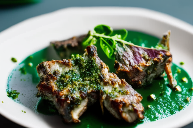 Air Fryer Lamb Chops with Mint Chimichurri, bright studio lighting from the left, zoomed in close to minimize the plate and background, focused manually on the lamb chop for perfect sharpness with no blur