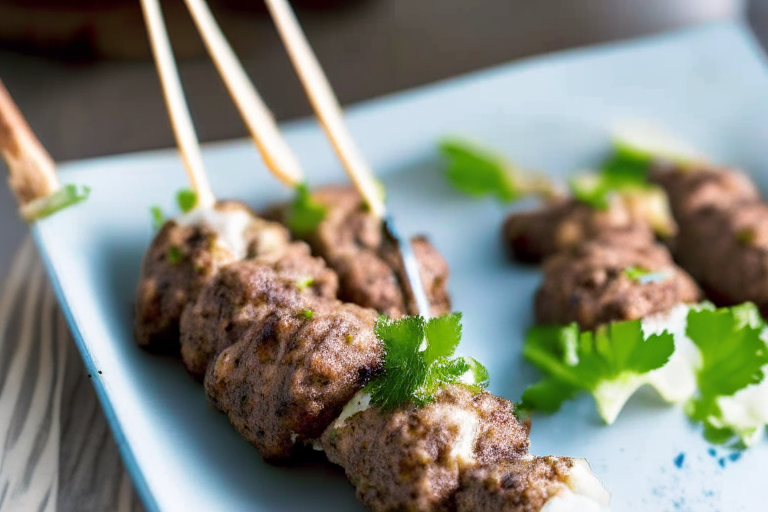 Air Fryer Lamb Kofta Skewers with Tzatziki Sauce, zoomed in close to fill the frame with the skewers and sauce, natural light from an open window, every part of the dish in razor-sharp focus from front to back