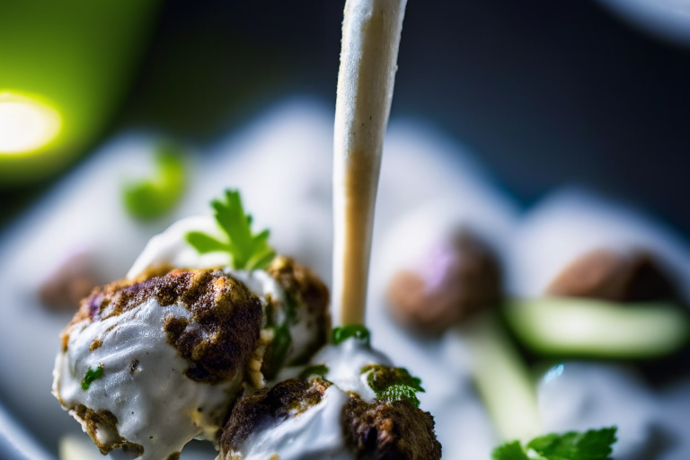 Air Fryer Lamb Kofta Skewers with Tzatziki Sauce, zoomed in close to fill the frame, focused on the tzatziki sauce with a narrow aperture for razor-sharp focus from edge to edge, lit by softbox lights from the right