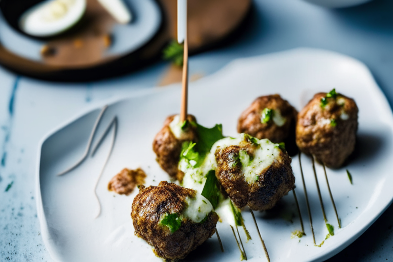 Air Fryer Lamb Kofta Skewers with Tzatziki Sauce, bright studio lighting from the left, zoomed in close to minimize the plate and background, focused manually on a lamb kofta for perfect sharpness with no blur