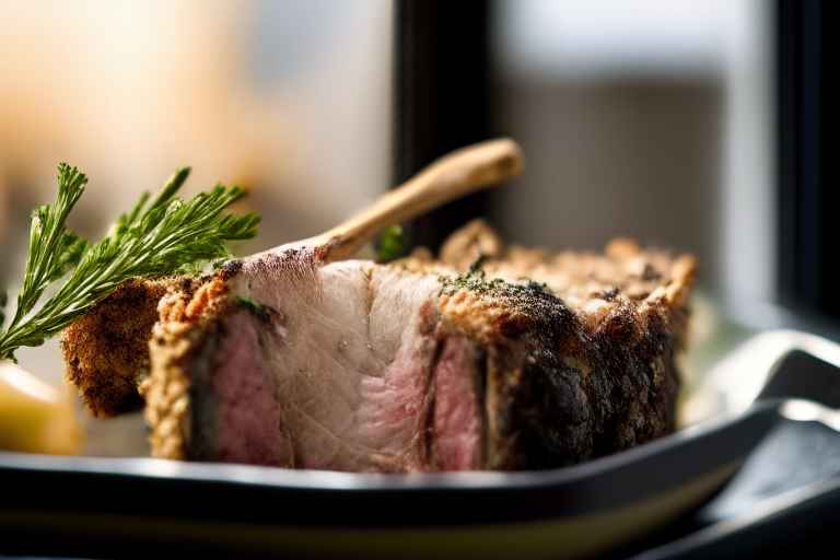 Oven-Roasted Rack of Lamb with Herb Crust, zoomed in close to fill the frame with the rack of lamb and herb crust, natural light from an open window, every part of the dish in razor-sharp focus from front to back