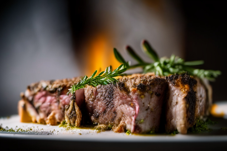 Oven-Roasted Rack of Lamb with Herb Crust, bright studio lighting from the left, zoomed in close to minimize the plate and background, focused manually on the herb crust for perfect sharpness with no blur