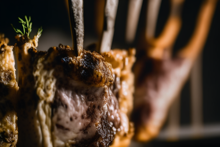 Oven-Roasted Rack of Lamb with Herb Crust, zoomed in close to fill the frame, focused on the rack of lamb bones with a narrow aperture for razor-sharp focus from edge to edge, lit by softbox lights from the right