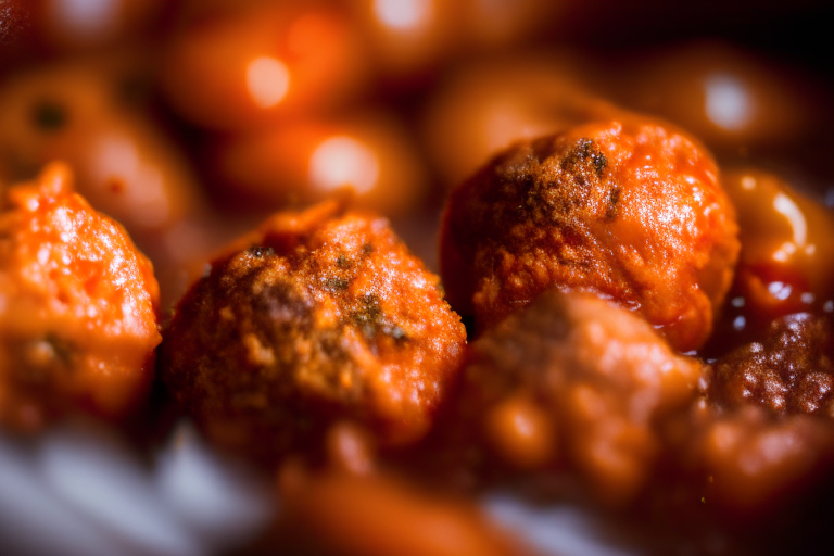 Oven-Baked Lamb Meatballs with Tomato Sauce, zoomed in close to fill the frame, focused on the bubbling tomato sauce with a narrow aperture for razor-sharp focus from edge to edge, lit by softbox lights from the right