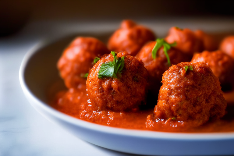 Oven-Baked Lamb Meatballs with Tomato Sauce, bright studio lighting from the left, zoomed in close to minimize the plate and background, focused manually on a single meatball for perfect sharpness with no blur