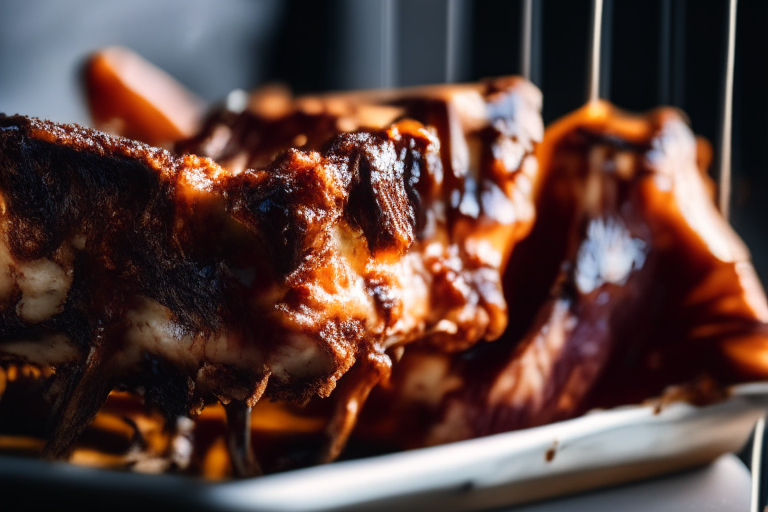 Air Fryer and Oven-Roasted Lamb Ribs with Barbecue Glaze, zoomed in close to fill the frame with the ribs and glaze, natural light from an open window, every part of the dish in razor-sharp focus from front to back