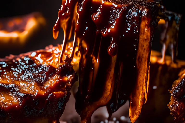 Air Fryer and Oven-Roasted Lamb Ribs with Barbecue Glaze, zoomed in close to fill the frame, focused on the glaze dripping off the ribs with a narrow aperture for razor-sharp focus from edge to edge, lit by softbox lights from the right