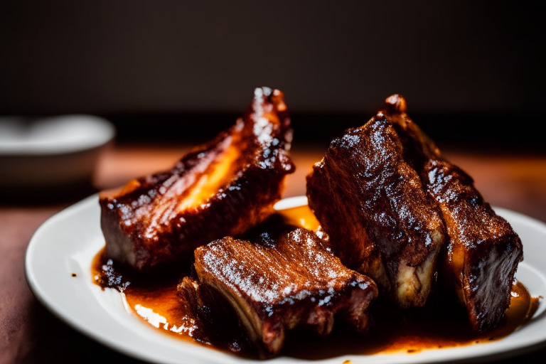 Air Fryer and Oven-Roasted Lamb Ribs with Barbecue Glaze, bright studio lighting from the left, zoomed in close to minimize the plate and background, focused manually on a single rib for perfect sharpness with no blur