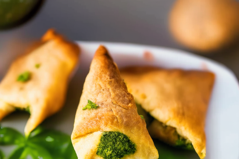 Air Fryer and Oven-Baked Lamb Samosas with Cilantro Chutney, zoomed in close to fill the frame with the samosas and chutney, natural light from an open window, every part of the dish in razor-sharp focus from front to back