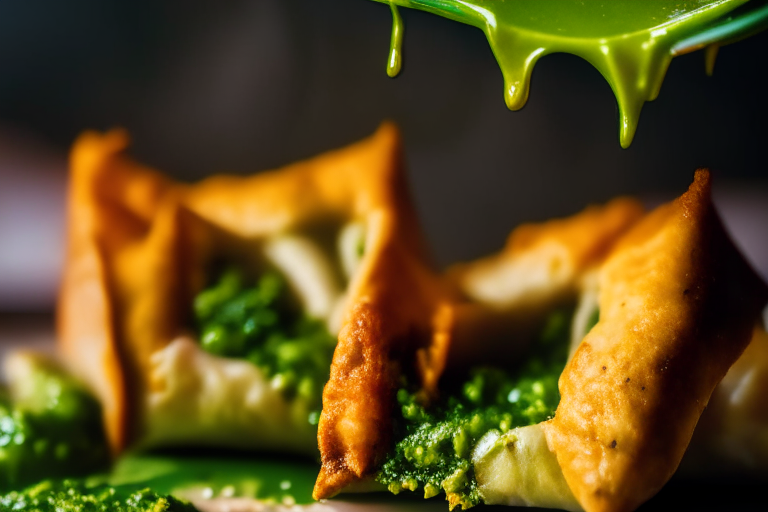 Air Fryer and Oven-Baked Lamb Samosas with Cilantro Chutney, zoomed in close to fill the frame, focused on the chutney dripping off the samosas with a narrow aperture for razor-sharp focus from edge to edge, lit by softbox lights from the right