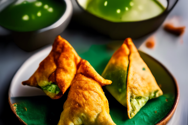 Air Fryer and Oven-Baked Lamb Samosas with Cilantro Chutney, bright studio lighting from the left, zoomed in close to minimize the plate and background, focused manually on a single samosa for perfect sharpness with no blur