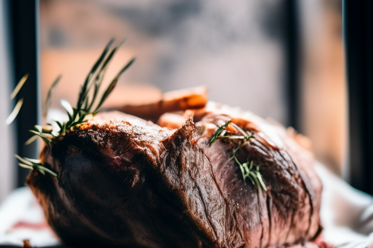 Air Fryer and Oven-Roasted Lamb Shoulder with Rosemary and Garlic, zoomed in close to fill the frame, natural light from an open window, every part of the dish in razor-sharp focus from front to back