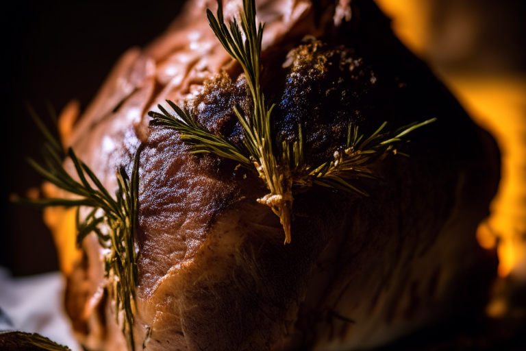 Air Fryer and Oven-Roasted Lamb Shoulder with Rosemary and Garlic, zoomed in close to fill the frame, focused on the rosemary sprigs and garlic cloves with a narrow aperture for razor-sharp focus from edge to edge, lit by softbox lights from the right