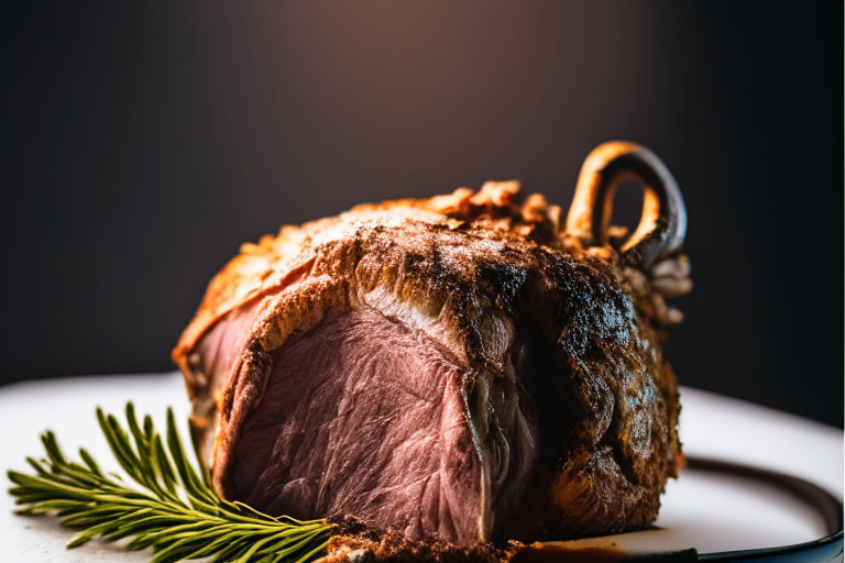 Air Fryer and Oven-Roasted Lamb Shoulder with Rosemary and Garlic, bright studio lighting from the left, zoomed in close to minimize the plate and background, focused manually on a single piece of lamb for perfect sharpness with no blur