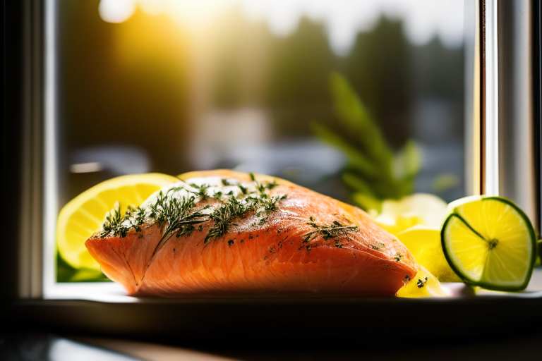 Air Fryer Lemon Herb Salmon zoomed in close to fill the frame, natural light from an open window, every part of the dish in razor-sharp focus from front to back