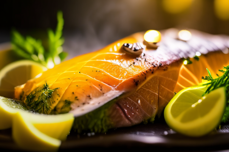 Air Fryer Lemon Herb Salmon zoomed in close to fill the frame, focused on the lemon slices and herb sprigs with a narrow aperture for razor-sharp focus from edge to edge, lit by softbox lights from the right