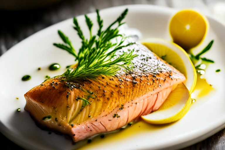 Air Fryer Lemon Herb Salmon, bright studio lighting from the left, zoomed in close to minimize the plate and background, focused manually for perfect sharpness with no blur