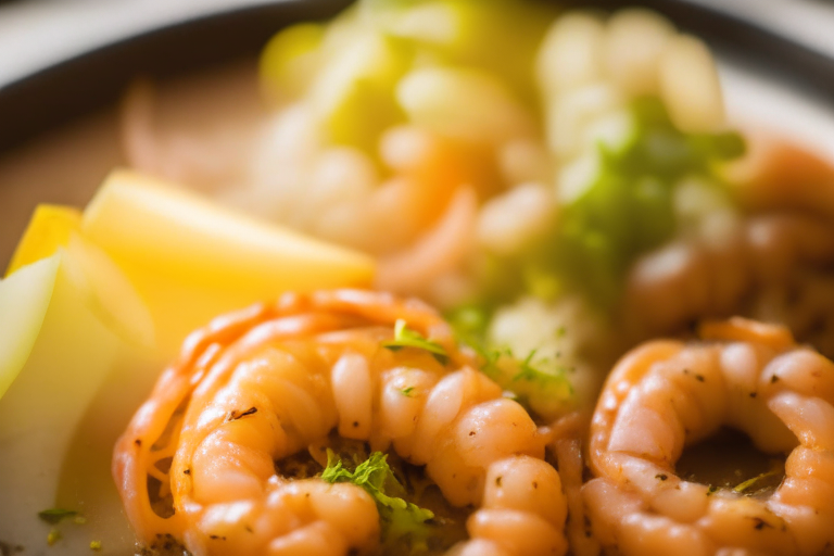 Air Fryer Shrimp Scampi zoomed in close to fill the frame, natural light from an open window, every part of the dish in razor-sharp focus from front to back