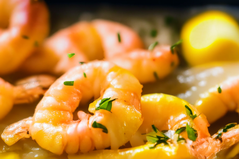 Air Fryer Shrimp Scampi zoomed in close to fill the frame, focused on the shrimp and lemon slices with a narrow aperture for razor-sharp focus from edge to edge, lit by softbox lights from the right