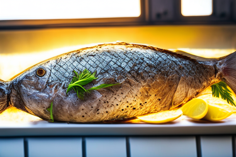 Oven-Baked Whole Fish with Mediterranean Herbs zoomed in close to fill the frame, natural light from an open window, every part of the dish in razor-sharp focus from front to back