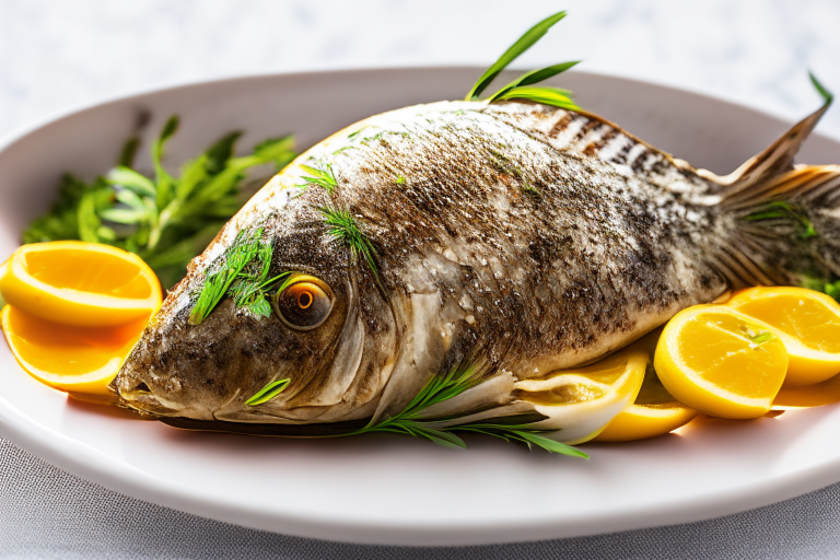 Oven-Baked Whole Fish with Mediterranean Herbs, bright studio lighting from the left, zoomed in close to minimize the plate and background, focused manually for perfect sharpness with no blur