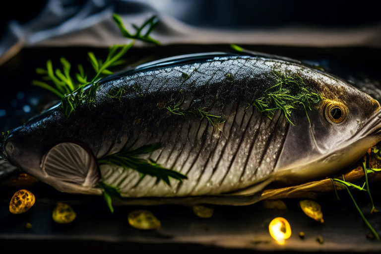 Oven-Baked Whole Fish with Mediterranean Herbs zoomed in close to fill the frame, focused on the fish scales and herb sprigs with a narrow aperture for razor-sharp focus from edge to edge, lit by softbox lights from the right