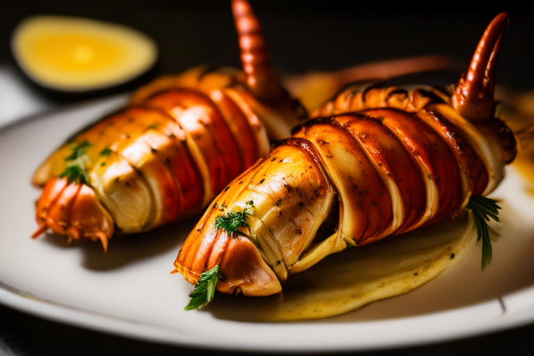 Oven-Roasted Garlic Butter Lobster Tails, bright studio lighting from the left, zoomed in close to minimize the plate and background, focused manually for perfect sharpness with no blur