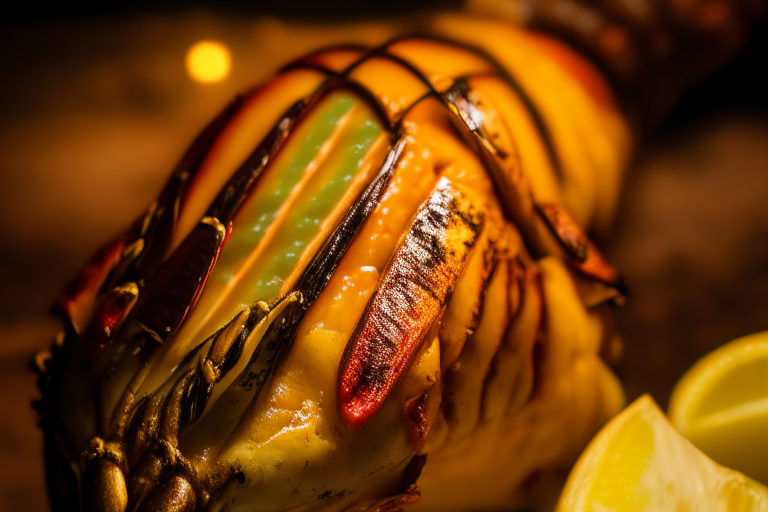 Oven-Roasted Garlic Butter Lobster Tails zoomed in close to fill the frame, focused on the lobster meat and garlic butter with a narrow aperture for razor-sharp focus from edge to edge, lit by softbox lights from the right