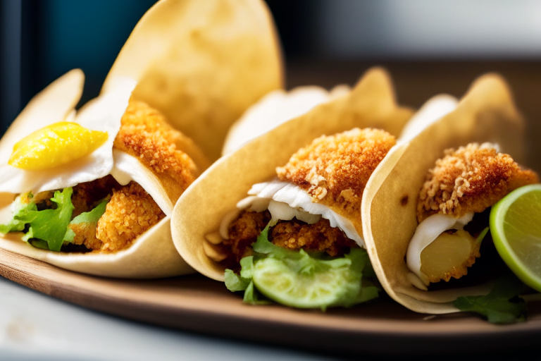 Air Fryer and Oven-Baked Crispy Fish Tacos zoomed in close to fill the frame, natural light from an open window, every part of the dish in razor-sharp focus from front to back