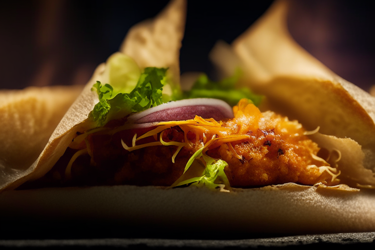 Air Fryer and Oven-Baked Crispy Fish Tacos zoomed in close to fill the frame, focused on the fish, cabbage and sauce with a narrow aperture for razor-sharp focus from edge to edge, lit by softbox lights from the right