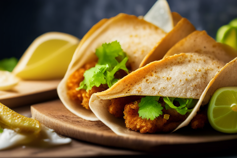 Air Fryer and Oven-Baked Crispy Fish Tacos, bright studio lighting from the left, zoomed in close to minimize the plate and background, focused manually for perfect sharpness with no blur