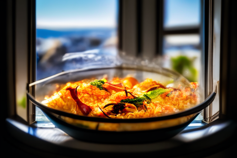 Air Fryer and Oven-Roasted Seafood Paella zoomed in close to fill the frame, natural light from an open window, every part of the dish in razor-sharp focus from front to back