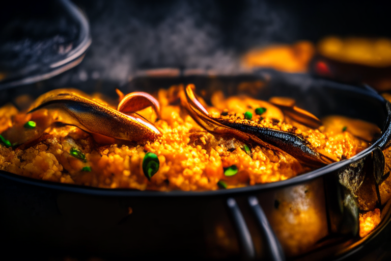 Air Fryer and Oven-Roasted Seafood Paella zoomed in close to fill the frame, focused on the seafood, rice and sauce with a narrow aperture for razor-sharp focus from edge to edge, lit by softbox lights from the right