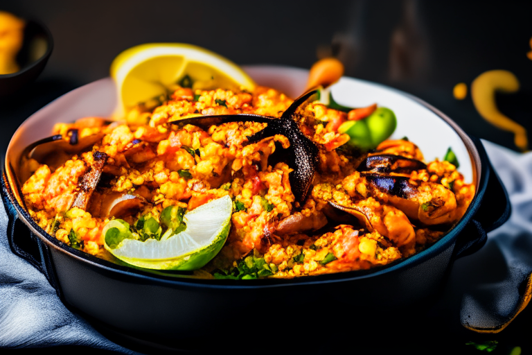 Air Fryer and Oven-Roasted Seafood Paella, bright studio lighting from the left, zoomed in close to minimize the plate and background, focused manually for perfect sharpness with no blur