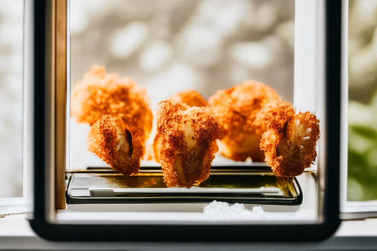 Air Fryer and Oven-Baked Coconut Shrimp filled frame, natural light from an open window, every part of the dish in razor-sharp focus from front to back