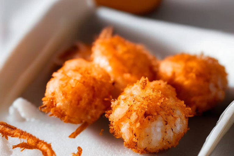 Air Fryer and Oven-Baked Coconut Shrimp, bright studio lighting from the left, zoomed in close to minimize the plate and background, focused manually for perfect sharpness with no blur