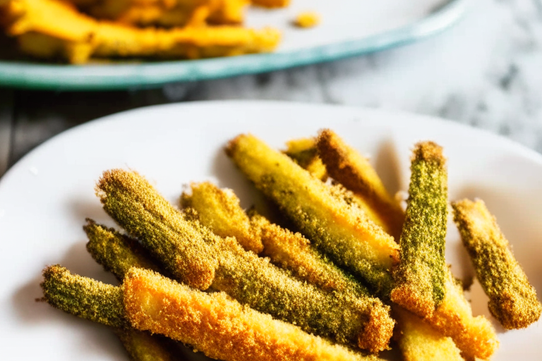 Air Fryer Zucchini Fries minimizing the plate and background, lit by natural light from an open window, every part of the zucchini fries in perfect focus from front to back